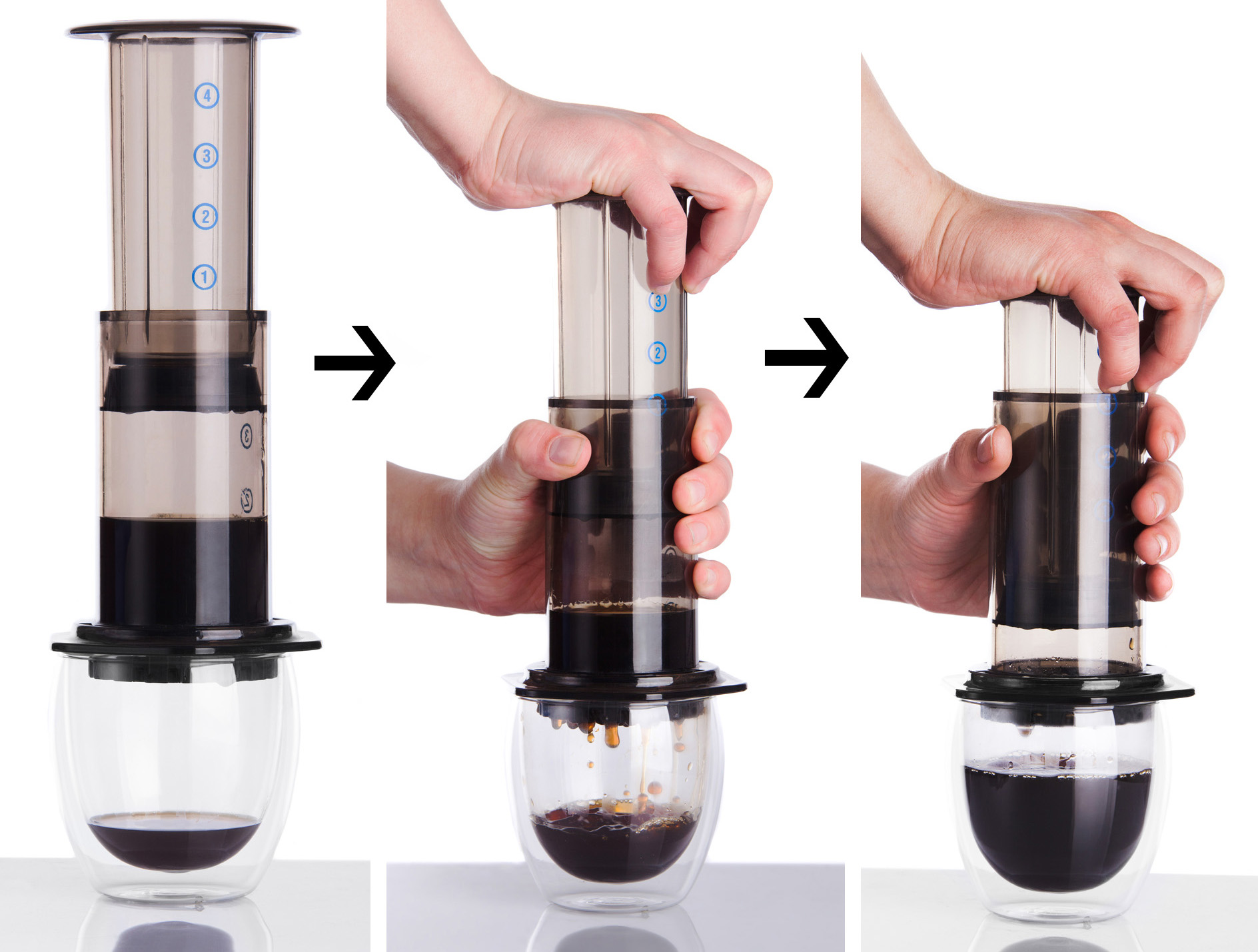 Three steps of using an AeroPress.